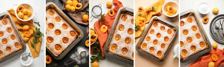 Collage with tasty apricot pie in baking tray, top view