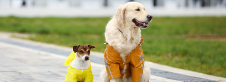 Adorable dogs in raincoats walking outdoorsの写真素材