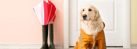 Funny dog in stylish raincoat near door at homeの写真素材