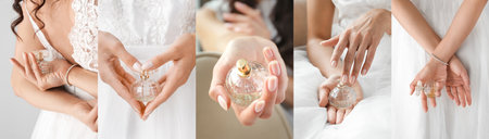 Collage with beautiful young bride with bottle of perfume, closeupの写真素材