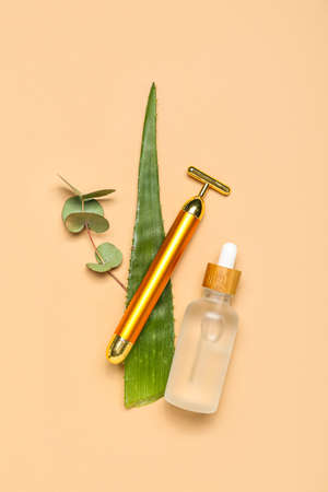 Facial massage tool with cosmetic dropper bottle, aloe vera leaf and eucalyptus on beige backgroundの写真素材