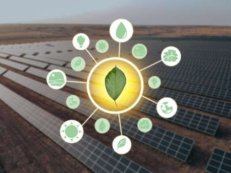 Collage with modern solar power plant in countryside. green technology conceptの写真素材