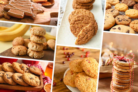 Collage with many sweet homemade cookiesの写真素材