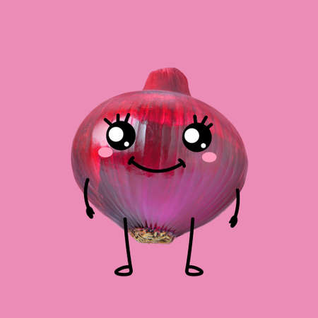 Funny onion on pink backgroundの写真素材