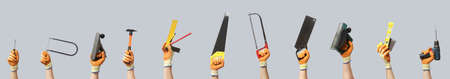 Many hands with different carpenter's tools on gray background