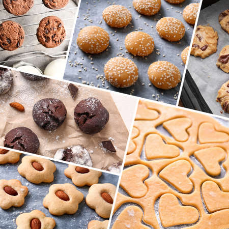 Collage with different raw and baked cookies