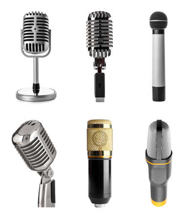 Set of different microphones isolated on whiteの写真素材