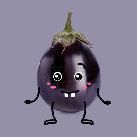 Funny egg plant on gray backgroundの写真素材