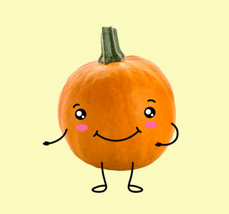 Funny pumpkin on light yellow backgroundの写真素材