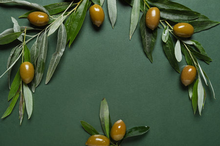 Frame made of green olives and leaves on color backgroundの写真素材