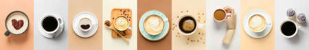 Collage with many cups of coffee on color background, top viewの写真素材