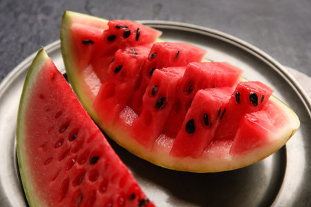 Plate with slices of watermelon on dark background, closeupの写真素材