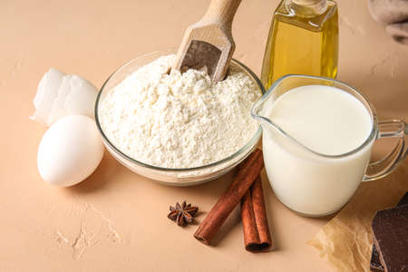 Ingredients for baking on beige table, closeupの写真素材