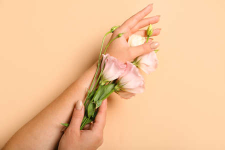 Woman with beautiful roses on beige backgroundの写真素材