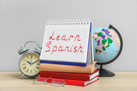 Notebook with text LEARN SPANISH, books, globe, alarm clock and eyeglasses on table near gray wallの写真素材