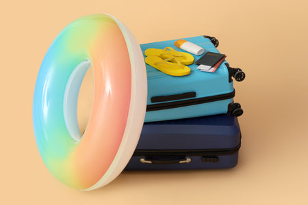 Suitcases with flip-flops, bottle of sunscreen, passports and inflatable ring on color backgroundの写真素材