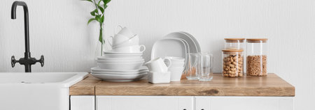 Interior of stylish kitchen with dinnerware, products and sink on counter