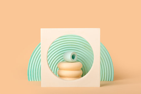 Composition with empty showcase pedestals on color backgroundの写真素材