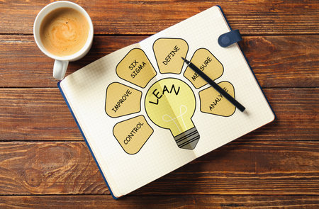 Notebook and cup of coffee on wooden background. 6 sigma conceptsの写真素材