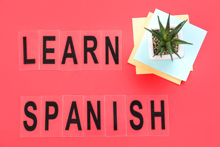 Text LEARN SPANISH with flowerpot and sticky notes on red background