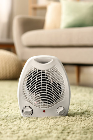 Electric fan heater on carpet in living roomの写真素材