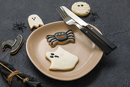 Table setting with cookies for Halloween celebration on black backgroundの写真素材