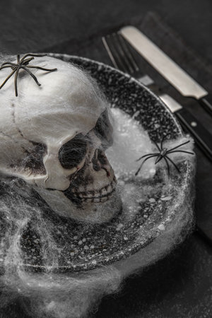 Table setting with scull and spiders on black background, closeupの写真素材