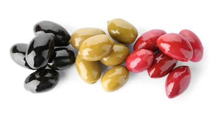 Different kinds of tasty olives on white backgroundの写真素材