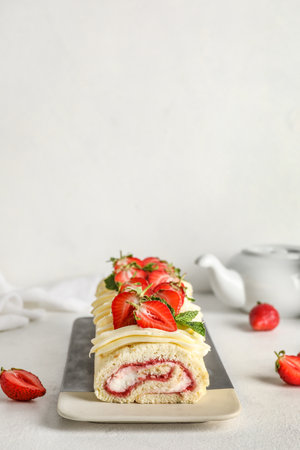 Plate with tasty strawberry roll cake on light backgroundの写真素材