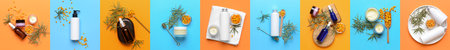 Collage of different cosmetics with sea buckthorn extract on colorful background, top viewの写真素材