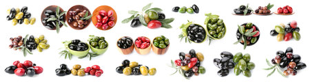 Different types of tasty olives isolated on whiteの写真素材