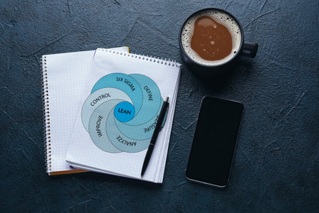 Notebooks, cup of coffee and mobile phone on dark background. 6 sigma concepts