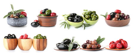 Different types of tasty olives isolated on whiteの写真素材