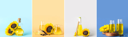 Set of sunflower oil and seeds on colorful backgroundの写真素材