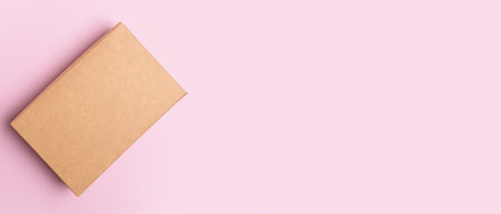 Blank cardboard box on pink background with space for text, top view