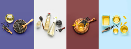 Collage with sunflower oil and seeds on colorful background, top viewの写真素材