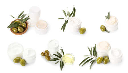 Set of cosmetics with olive oil extract isolated on whiteの写真素材