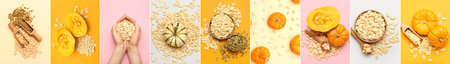 Collage with many natural pumpkin seeds and fresh vegetables, top view