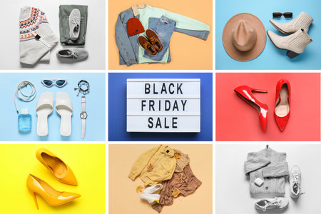 Collage of stylish clothes and text BLACK FRIDAY on color backgroundの写真素材