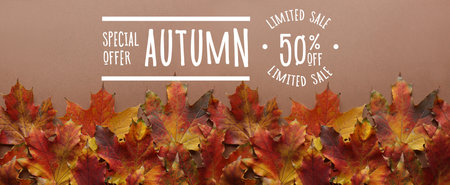 Banner for autumn sale with maple leaves on beige backgroundの写真素材