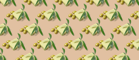 Many soap bars with olive oil extract on beige background. pattern for designの写真素材