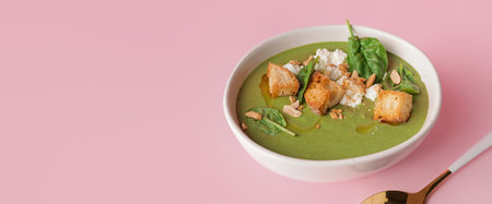 Bowl with tasty spinach soup on pink background with space for text