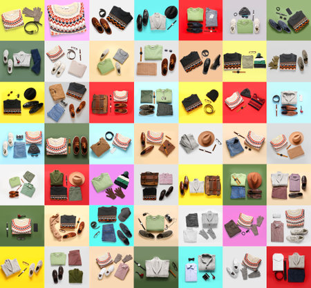 Collage of autumn and winter clothes with accessories for men on color backgroundの写真素材