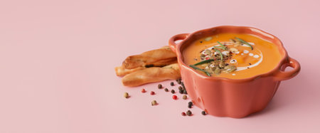Tasty pumpkin cream soup in pot on pink background with space for textの写真素材