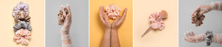 Set of stylish silk hair bands on color background, top viewの写真素材