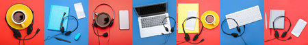 Collage of headsets, cups of coffee, laptop, computer keyboard, mobile phones and notebooks on red...