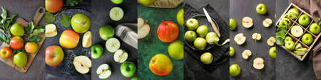 Collage of fresh green apples and pears on dark background, top viewの写真素材