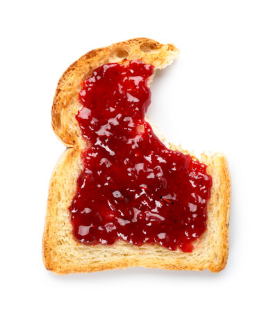 Bitten toast with jam on white background