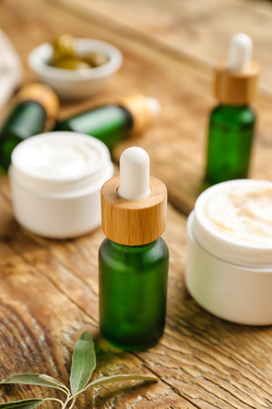 Natural olive cosmetics on wooden table, closeupの写真素材