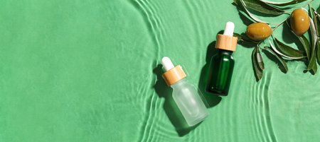 Bottles of essential olive oil in water on green background